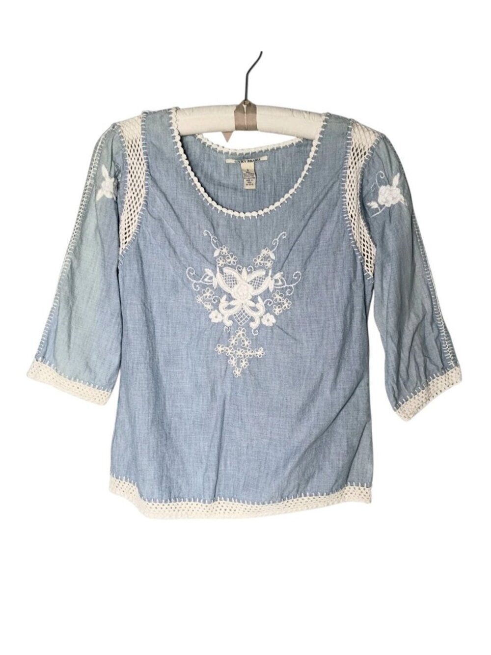 Lucky Brand Boho Embroidered Chambray Top S Cotton Crotchet Floral Peasant
